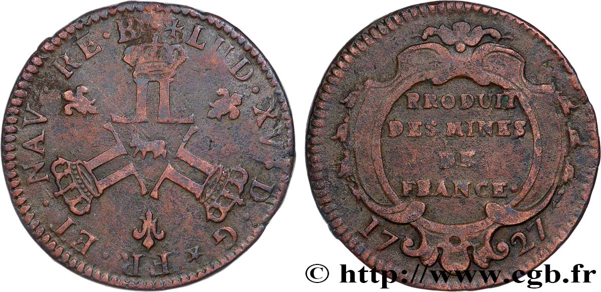 LOUIS XV  THE WELL-BELOVED  Seize deniers des mines de Béarn 1727 Pau VF