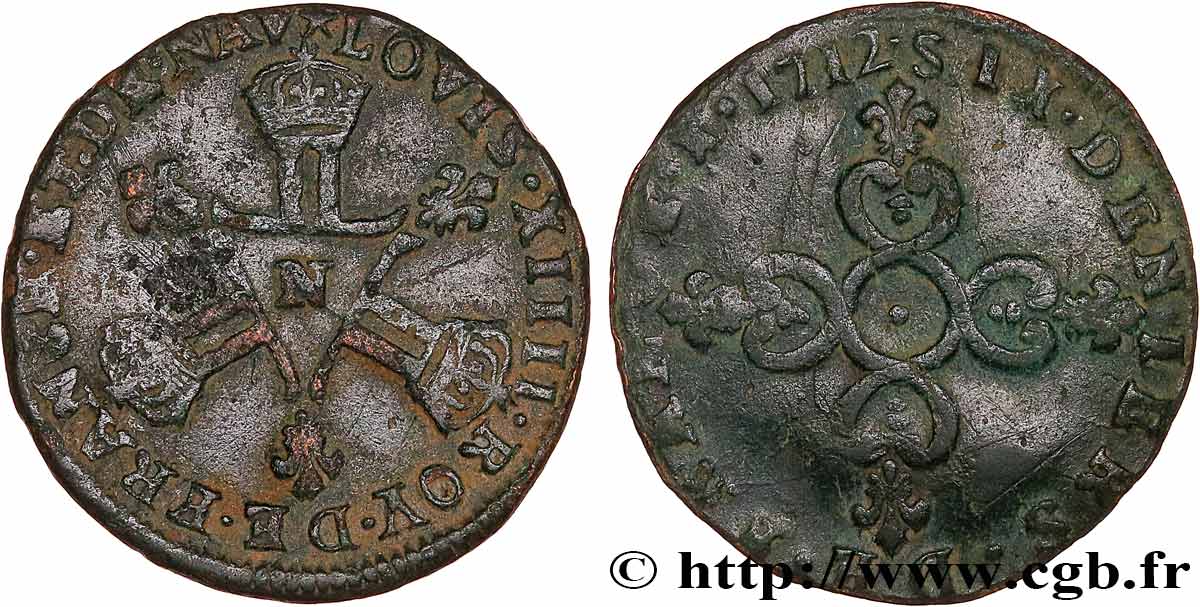 LOUIS XIV LE GRAND OU LE ROI SOLEIL Six deniers dits  Dardennes  1712 Montpellier TTB