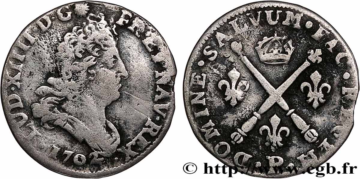 LOUIS XIV  THE SUN KING  Cinq sols aux insignes 1702 Dijon VF