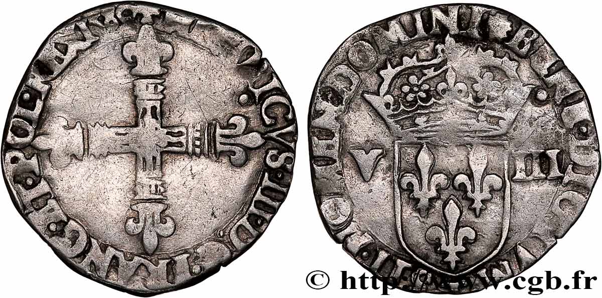 HENRY III Huitième d écu, croix de face 1580 Nantes q.BB