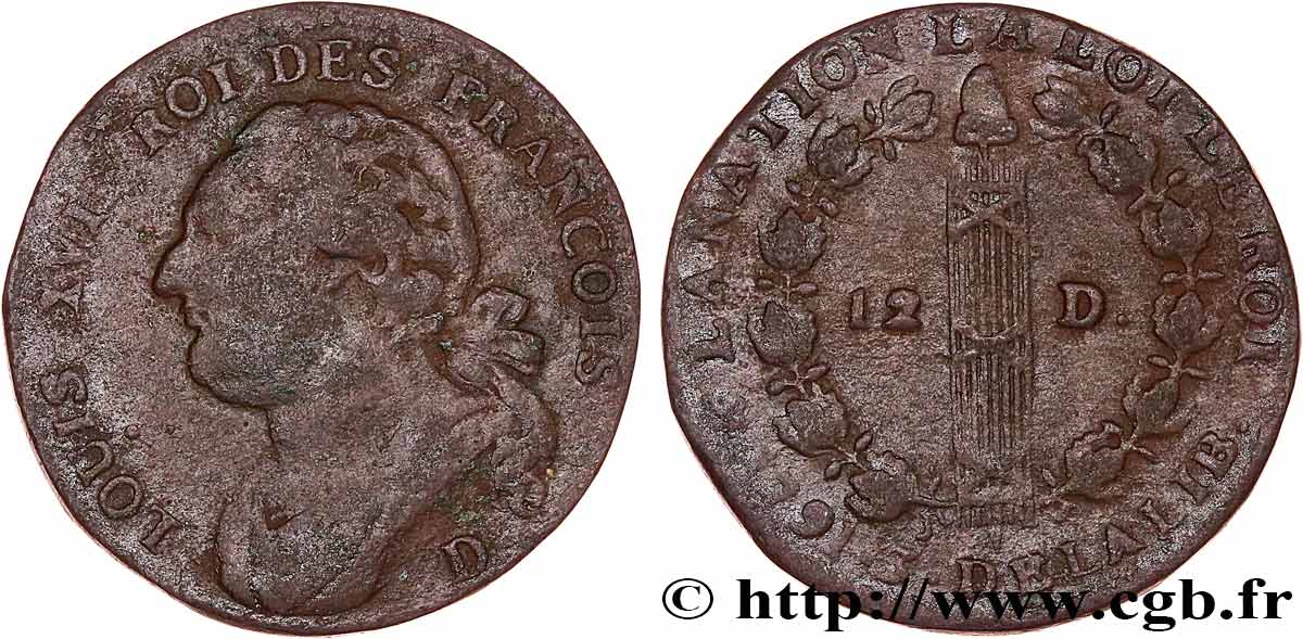 LOUIS XVI (MONARQUE CONSTITUTIONNEL)  12 deniers dit &nbsp;au faisceau&nbsp;, type FRANCOIS 1791 Lyon TB+
