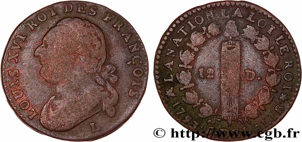 THE CONVENTION 12 deniers dit  au faisceau , type FRANCOIS 1793 Bayonne VF
