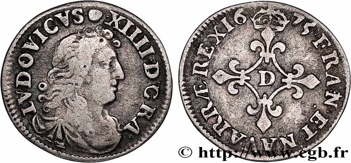 LOUIS XIV LE GRAND OU LE ROI SOLEIL Quatre sols à la croix formée de lis 1675 Lyon ou Vimy-en-Lyonnais TB+