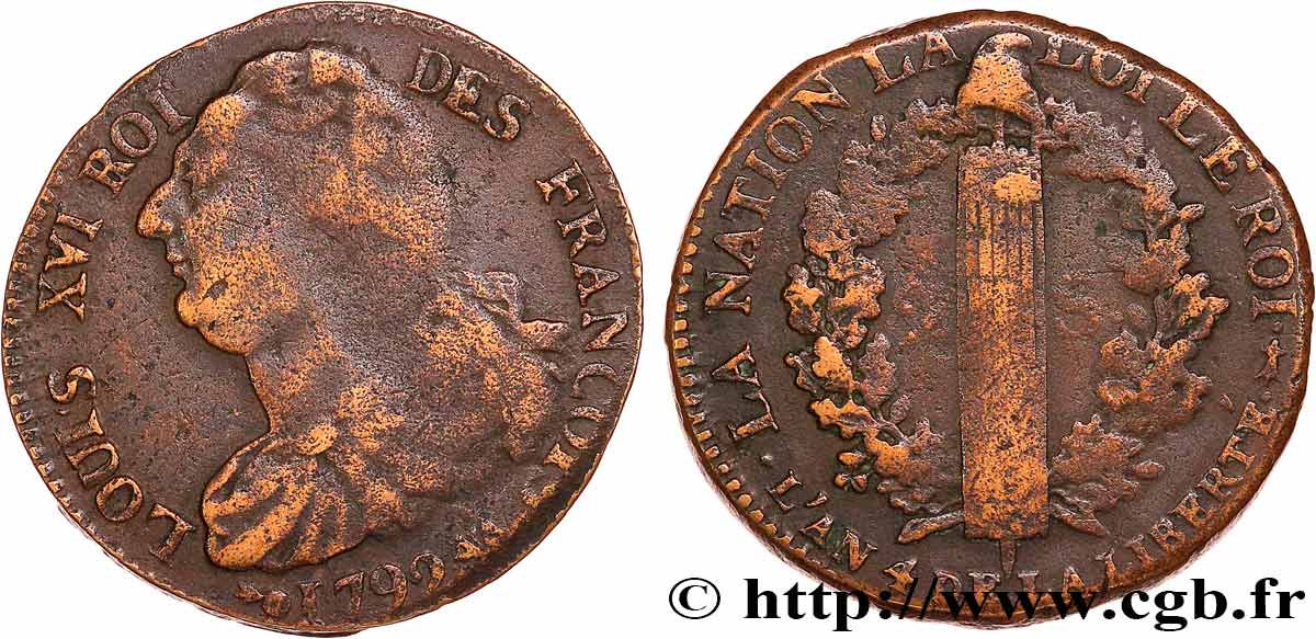 LOUIS XVI 2 sols dit  au faisceau , type FRANÇOIS 1792 Metz VF