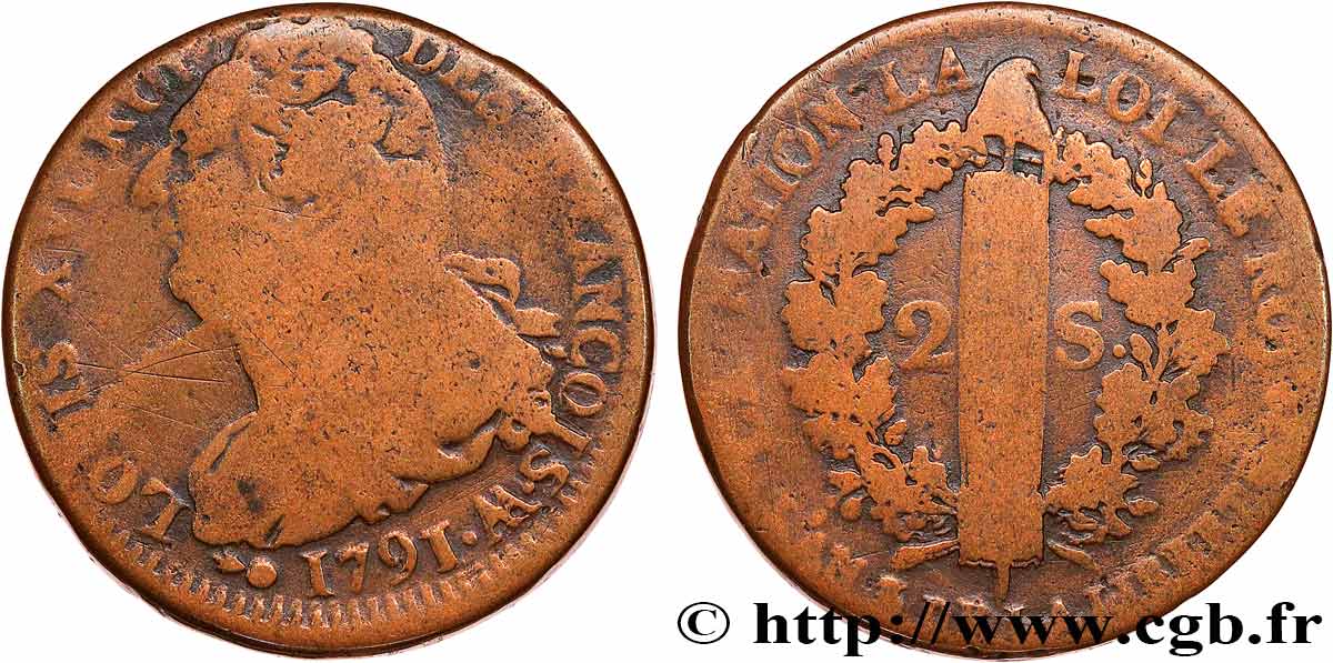 LOUIS XVI 2 sols dit  au faisceau , type FRANÇOIS 1791 Metz VF