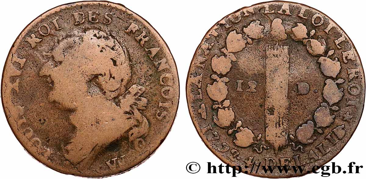LOUIS XVI 12 deniers dit  au faisceau , type FRANCOIS 1792 Lille VF