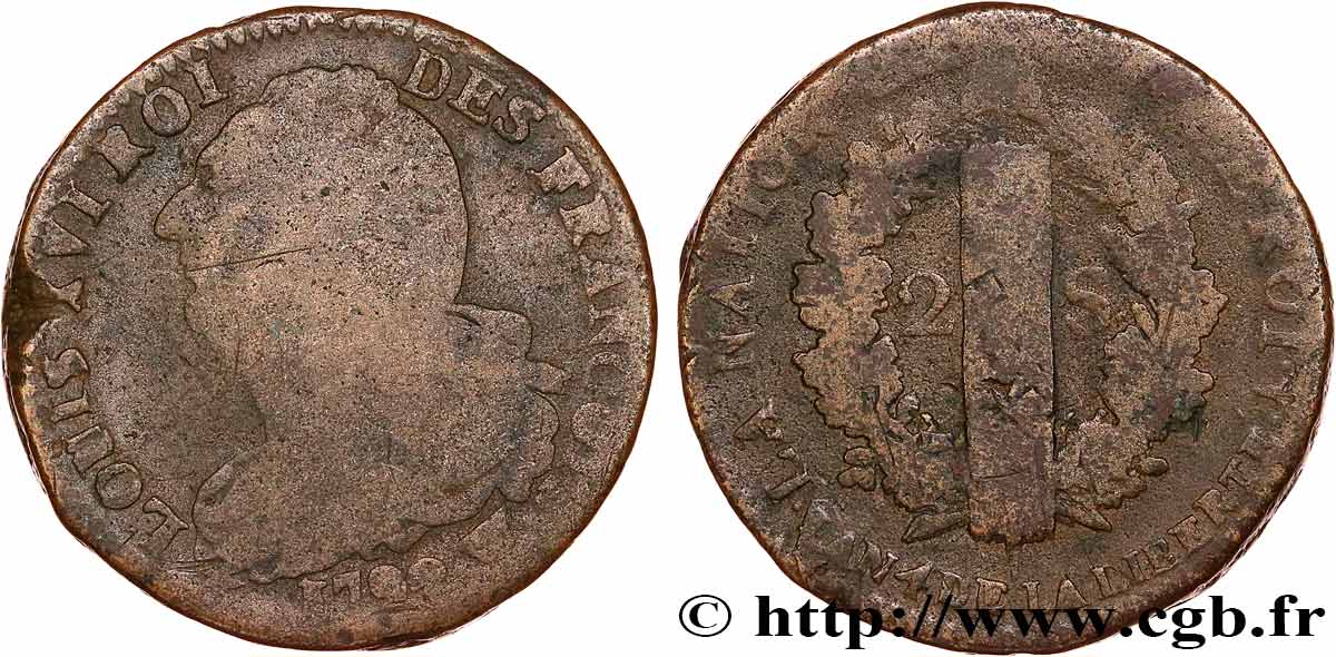 LOUIS XVI (MONARQUE CONSTITUTIONNEL)  2 sols dit  au faisceau , type FRANCOIS 1792 Lille B+