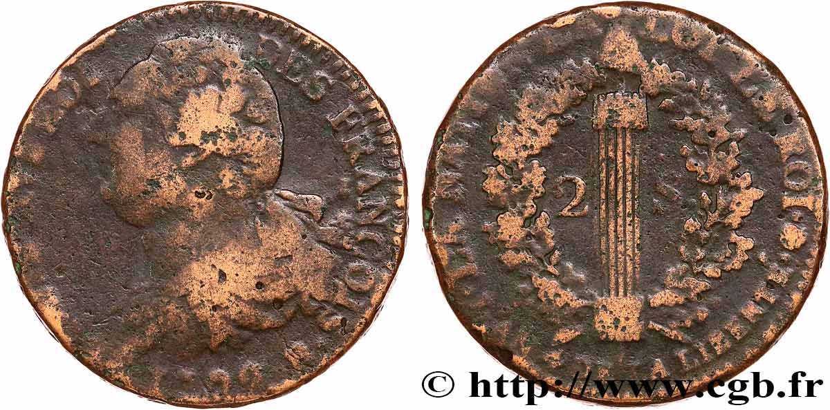 LOUIS XVI (MONARQUE CONSTITUTIONNEL)  2 sols dit  au faisceau , type FRANÇOIS 1792 Rouen B+