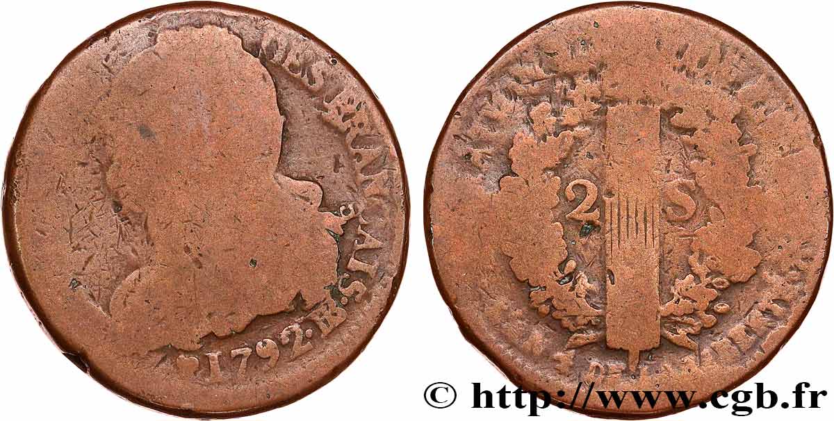 LOUIS XVI (MONARQUE CONSTITUTIONNEL)  2 sols dit  au faisceau , type FRANÇAIS 1792 Strasbourg B