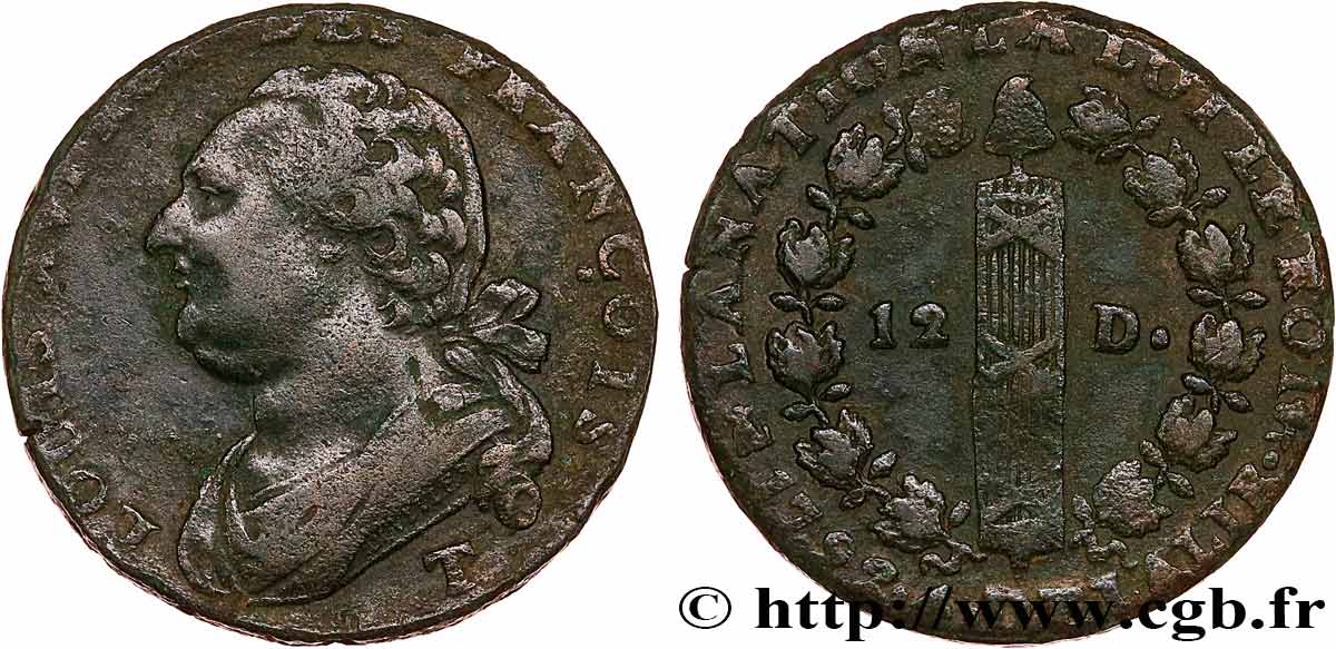 LOUIS XVI (MONARQUE CONSTITUTIONNEL)  12 deniers dit  au faisceau , type FRANÇOIS 1792 Nantes TTB