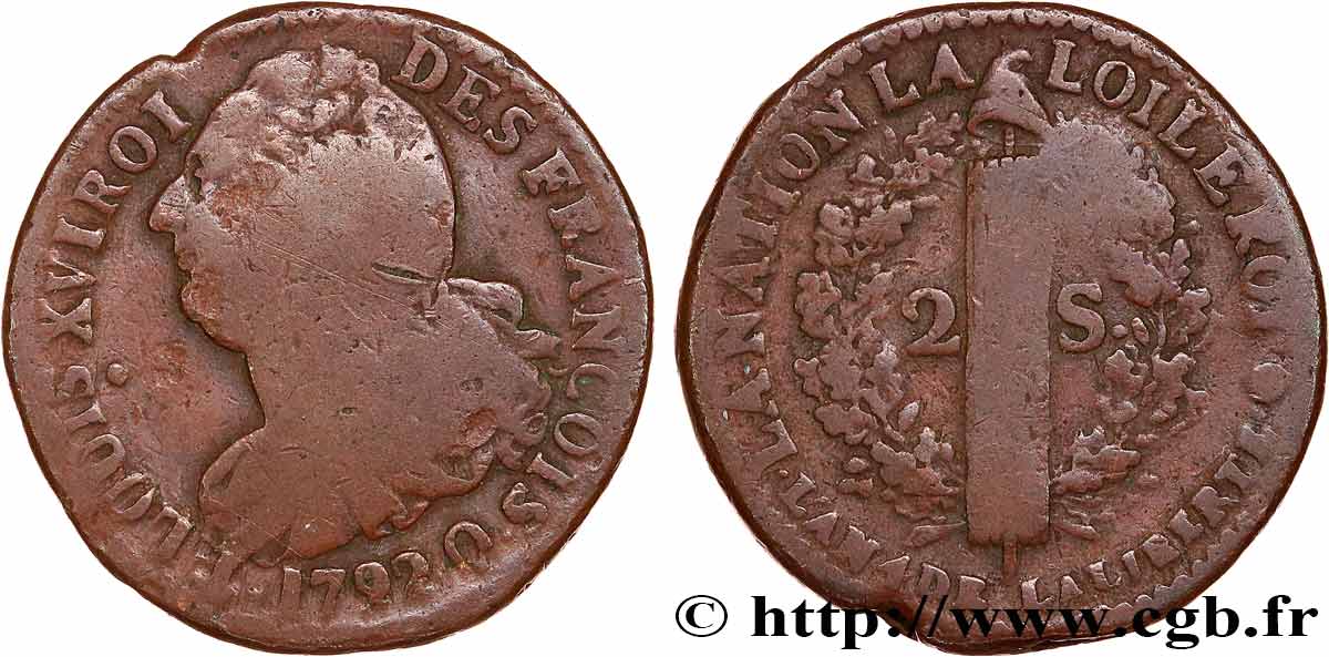 LOUIS XVI (MONARQUE CONSTITUTIONNEL)  2 sols dit  au faisceau , type FRANÇOIS 1792 Perpignan TB+