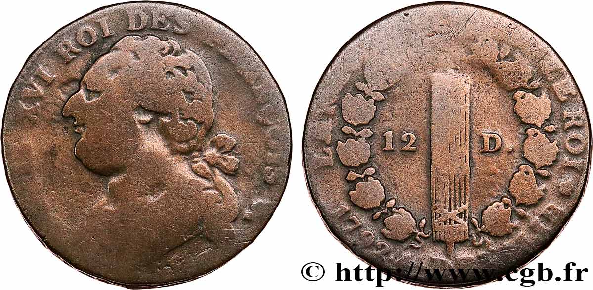 LOUIS XVI 12 deniers dit  au faisceau , type FRANÇOIS 1792 Paris VF