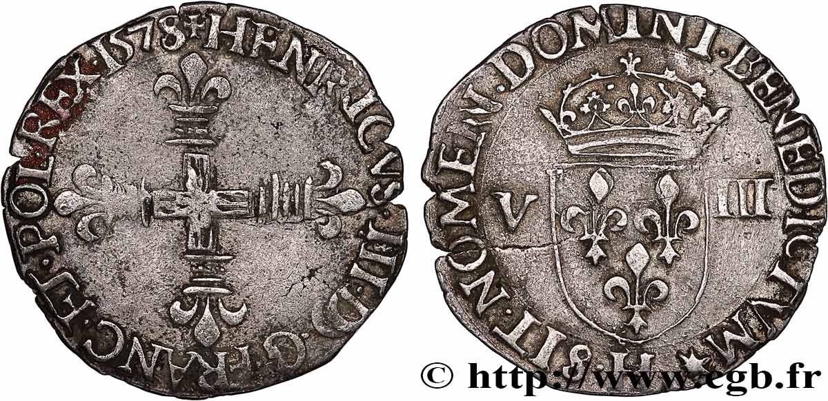 HENRY III Huitième d écu, croix de face 1578 La Rochelle SS