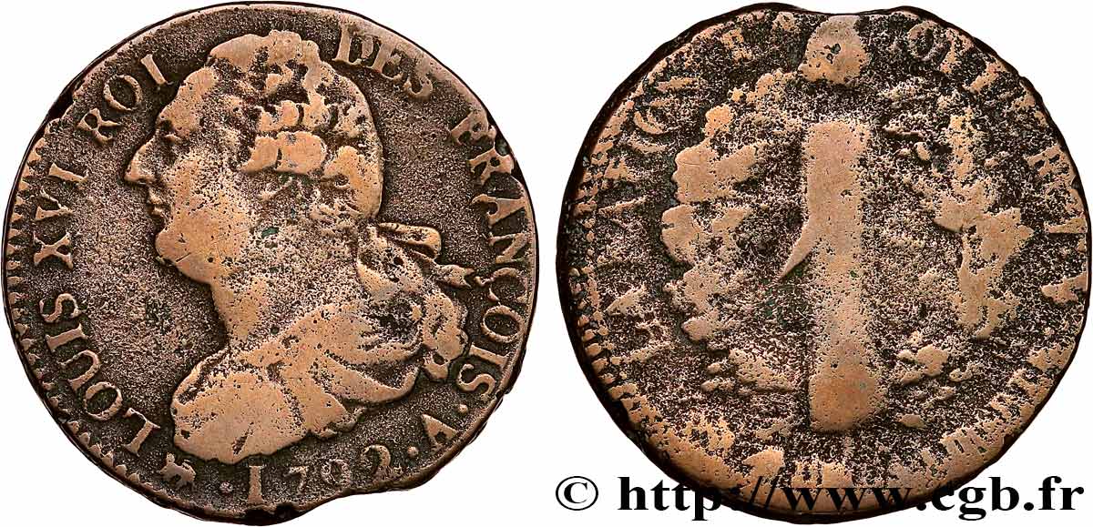 LOUIS XVI (MONARQUE CONSTITUTIONNEL)  2 sols dit &nbsp;au faisceau&nbsp;, type FRANÇOIS 1792 Paris TB+/B