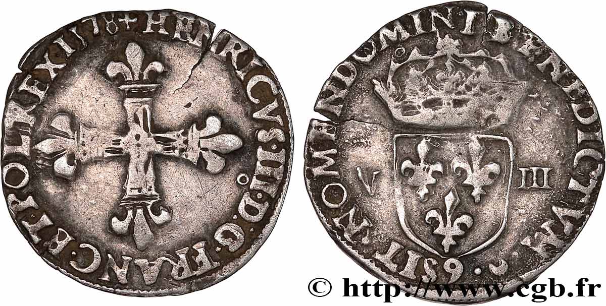 HENRI III Huitième d écu, croix de face 1578 Rennes TB+