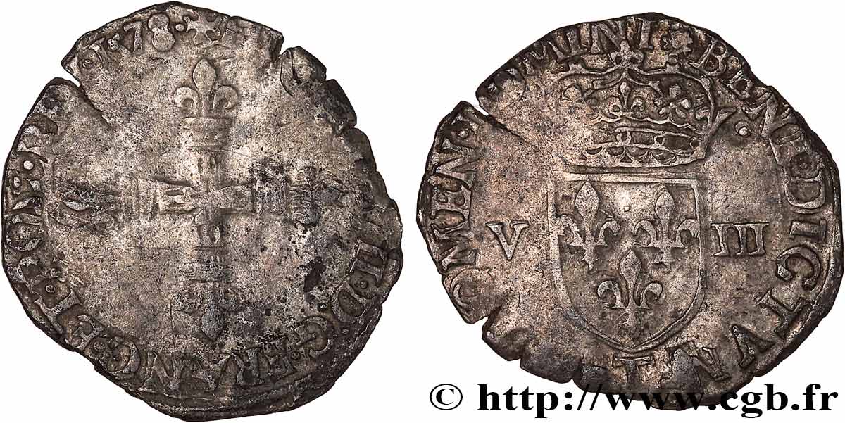 HENRI III Huitième d écu, croix de face 1578 Nantes TB