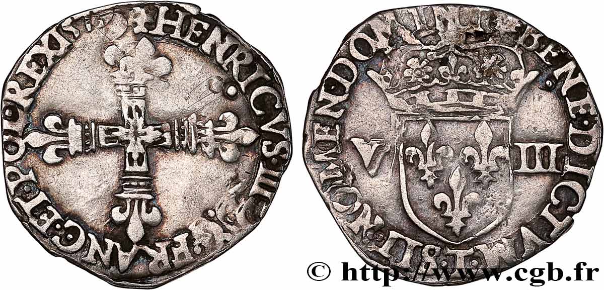 HENRI III Huitième d écu, croix de face 1579 Nantes TB+