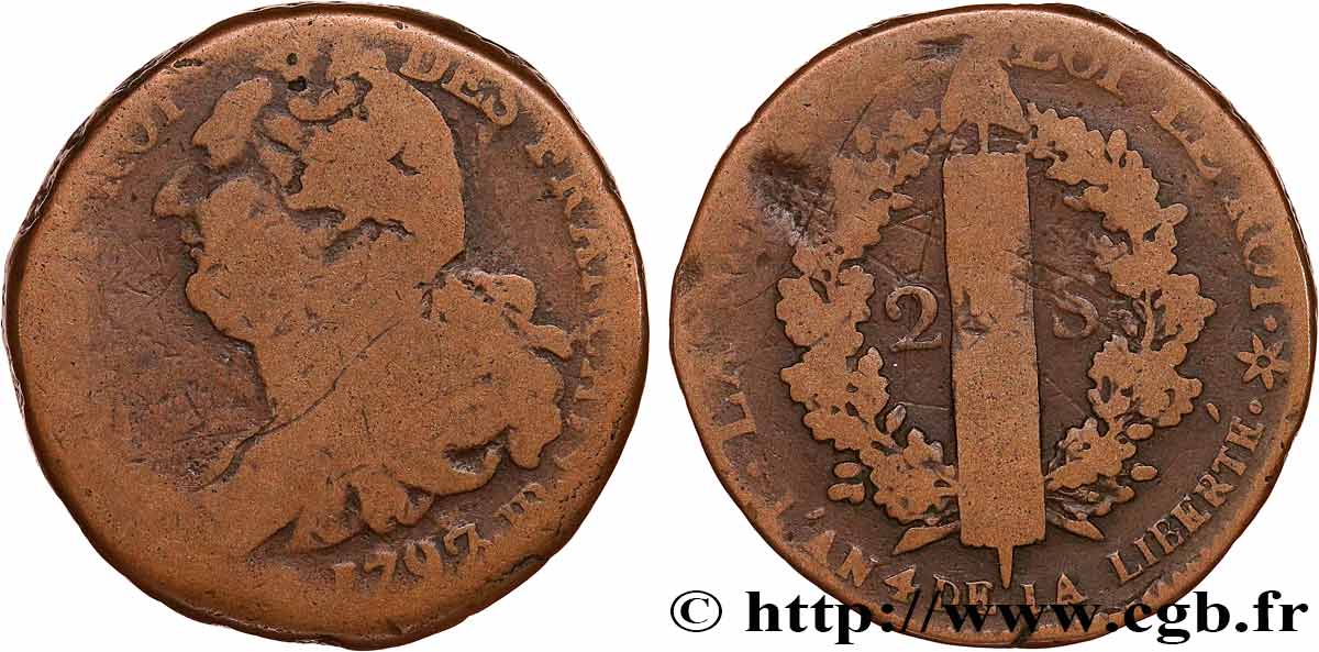 LOUIS XVI (MONARQUE CONSTITUTIONNEL)  2 sols dit  au faisceau , type FRANÇAIS 1792 Strasbourg B