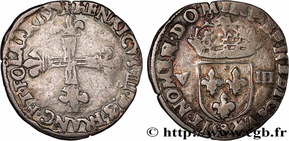 HENRI III Huitième d écu, croix de face 1579 Rennes TB+