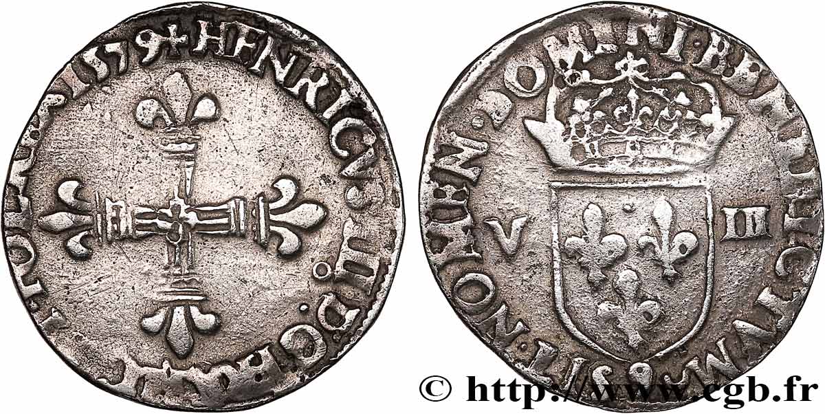 HENRY III Huitième d écu, croix de face 1579 Rennes VF