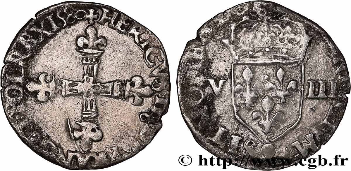 HENRI III Huitième d écu, croix de face 1580 Rennes TB+