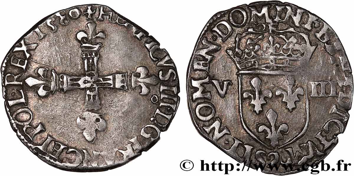 HENRY III Huitième d écu, croix de face 1580 Rennes MBC