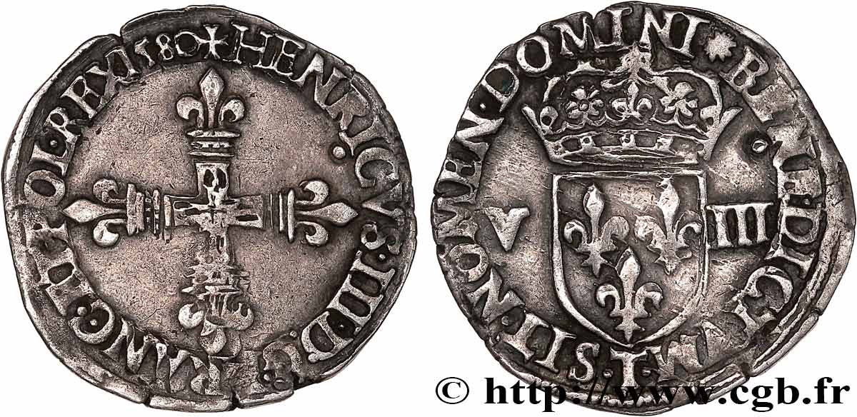 HENRI III Huitième d écu, croix de face 1580 Nantes TTB