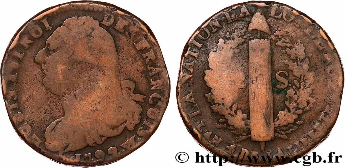 LOUIS XVI (MONARQUE CONSTITUTIONNEL)  2 sols dit  au faisceau , type FRANCOIS 1792 Lille TB