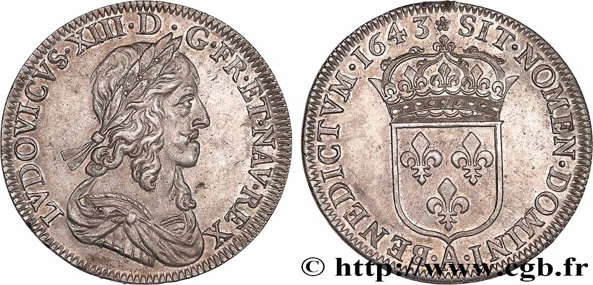 LOUIS XIII LE JUSTE Demi-écu d argent, 3e type, 2e poinçon de Warin 1643 Paris, Monnaie de Matignon SUP