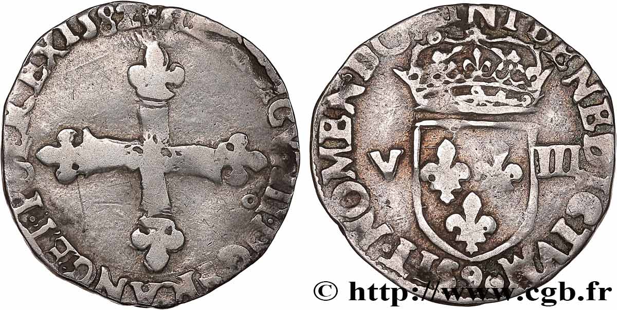 HENRI III Huitième d écu, croix de face 1582 Rennes TB