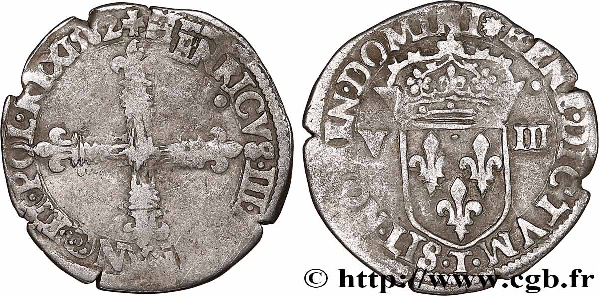 HENRY III Huitième d écu, croix de face 1582 Nantes VF