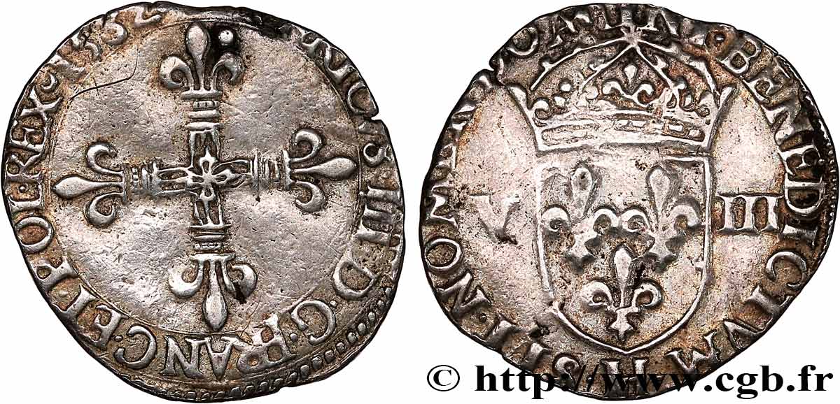 HENRI III Huitième d écu, croix de face 1582 La Rochelle TB+
