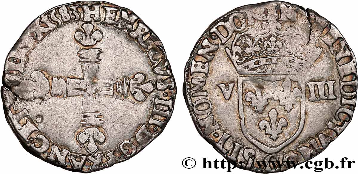 HENRI III Huitième d écu, croix de face 1583 Saint-Lô TB+