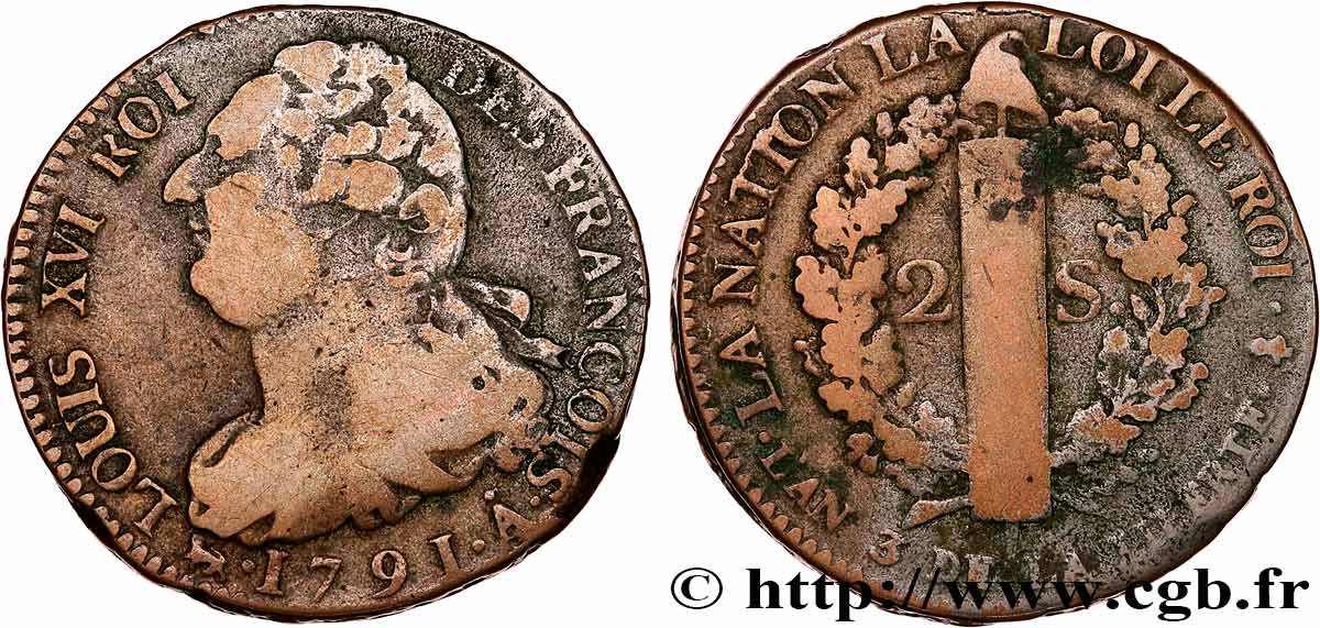 LOUIS XVI 2 sols dit  au faisceau , type FRANÇOIS 1791 Paris q.BB