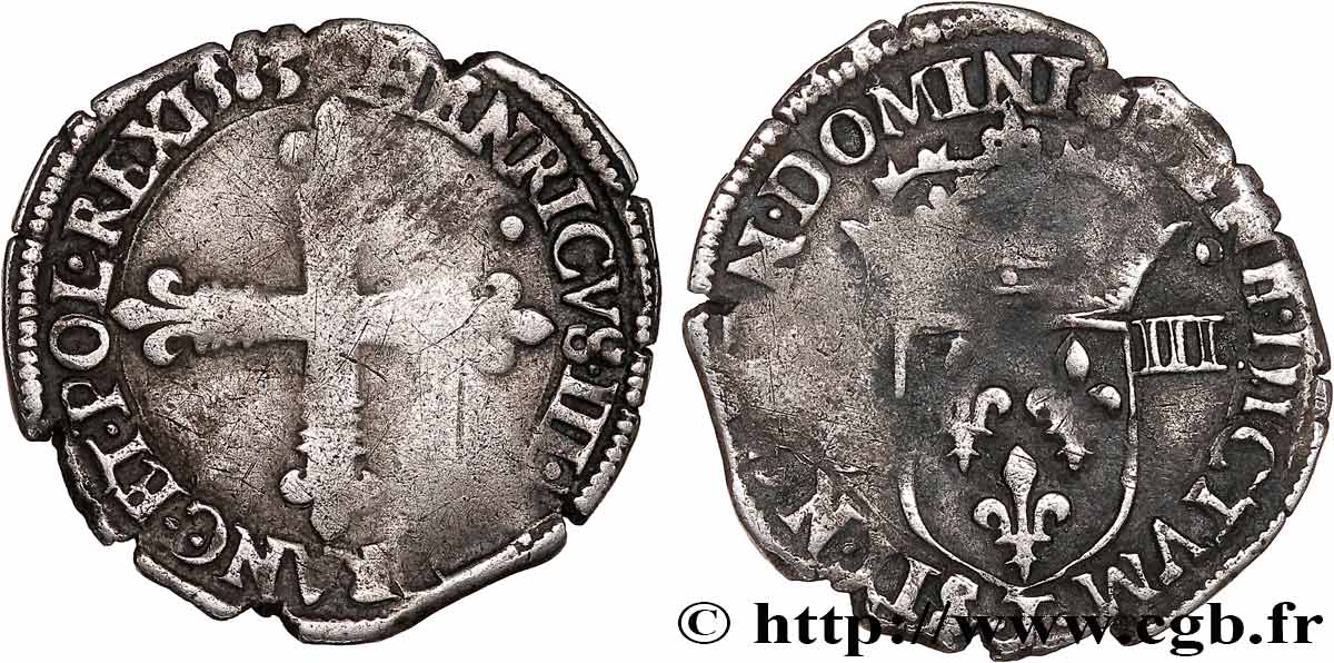 HENRI III Huitième d écu, croix de face 1583 Nantes TB