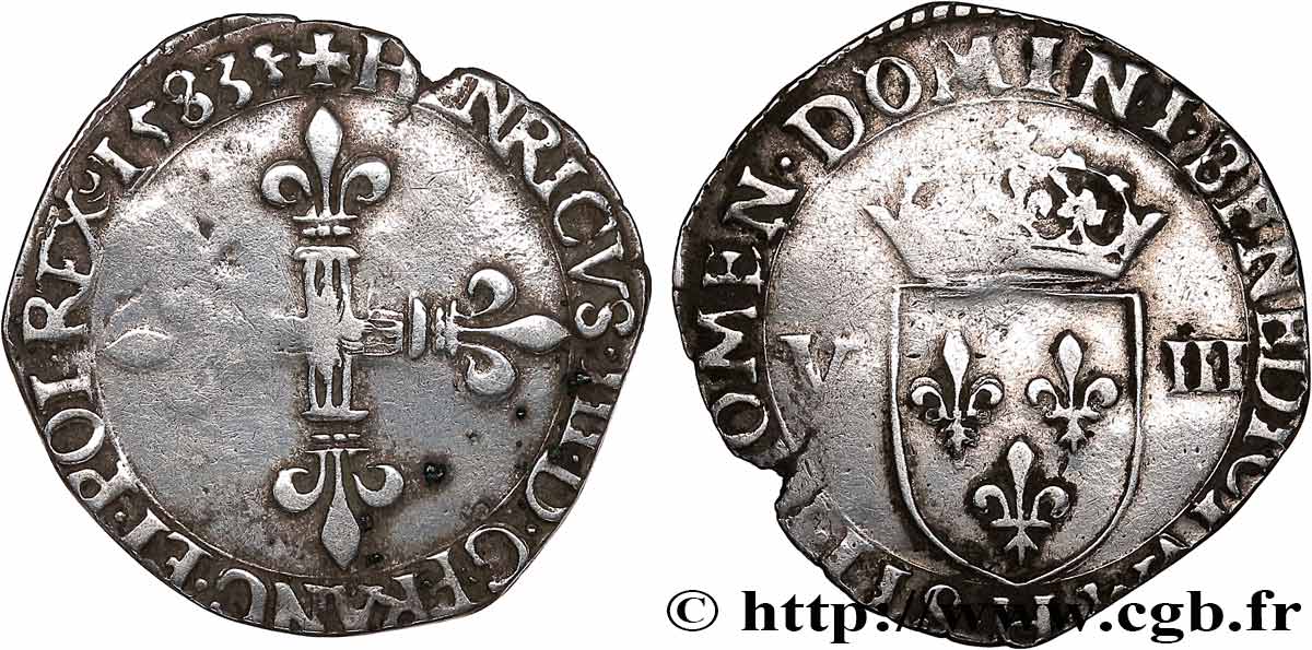 HENRI III Huitième d écu, croix de face 1583 La Rochelle TB+