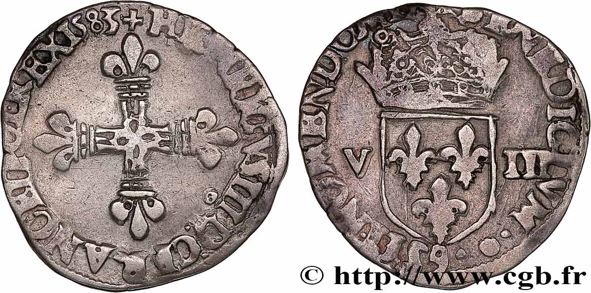 HENRI III Huitième d écu, croix de face 1583 Rennes TB+