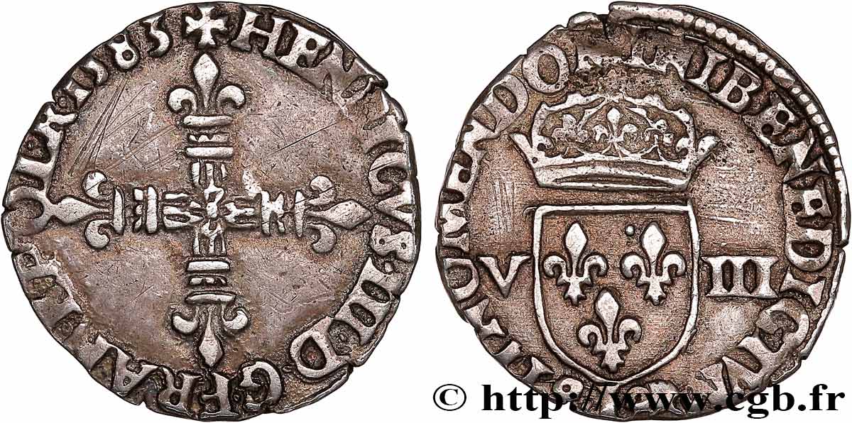 HENRI III Huitième d écu, croix de face 1583 Bayonne TB+
