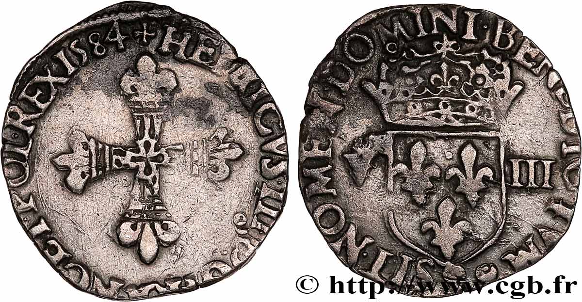 HENRI III Huitième d écu, croix de face 1584 Rennes TB+