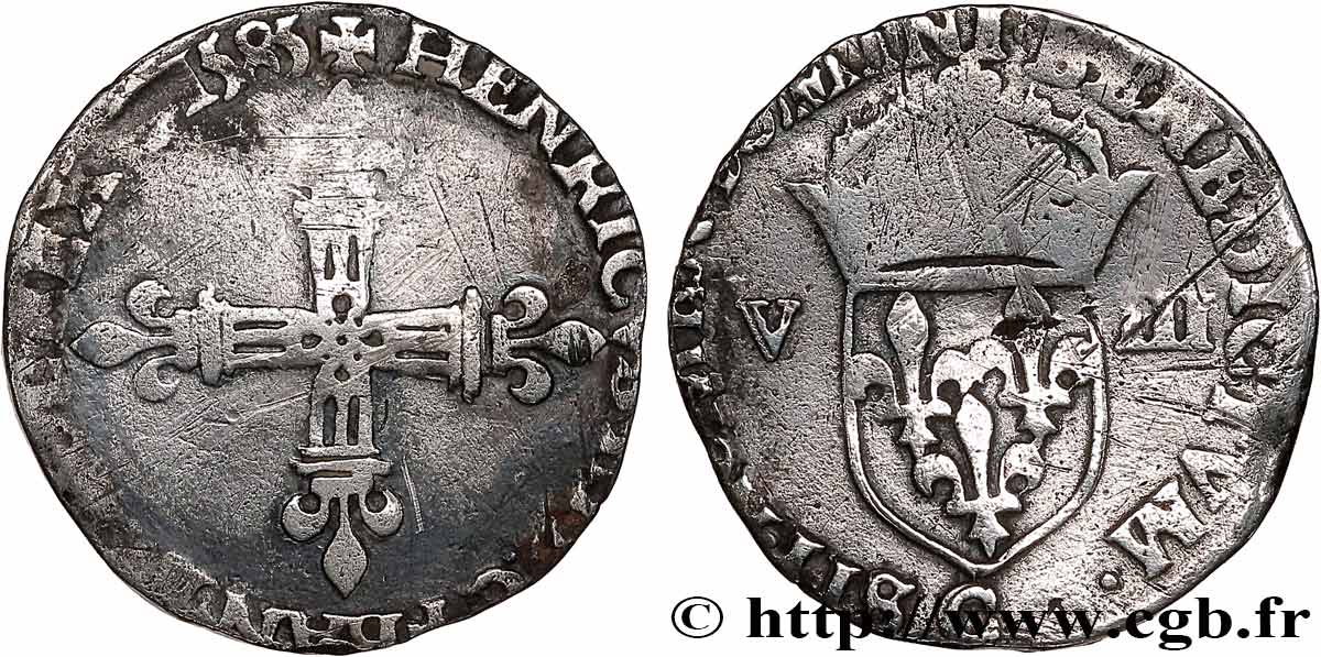 HENRI III Huitième d&nbsp;écu, croix de face 1585 Saint-Lô TB