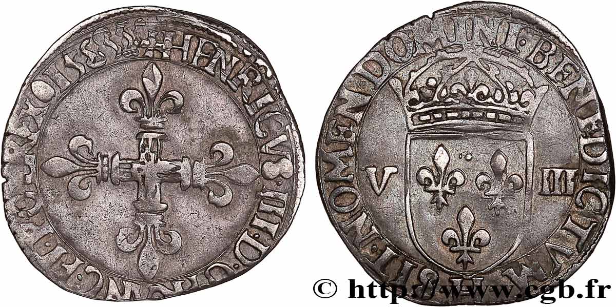 HENRY III Huitième d écu, croix de face 1585 La Rochelle XF