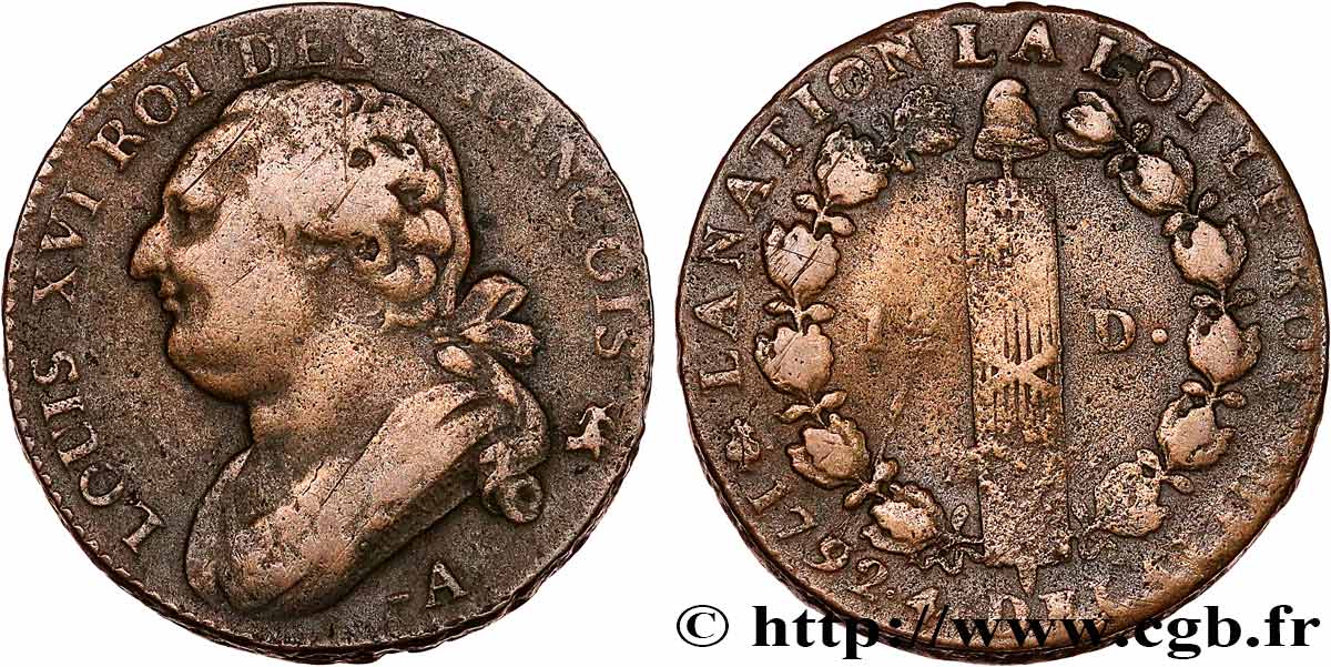 LOUIS XVI (MONARQUE CONSTITUTIONNEL)  12 deniers dit &nbsp;au faisceau&nbsp;, type FRANÇOIS 1792 Paris TB+
