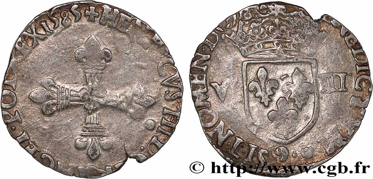 HENRI III Huitième d écu, croix de face 1585 Rennes TB+