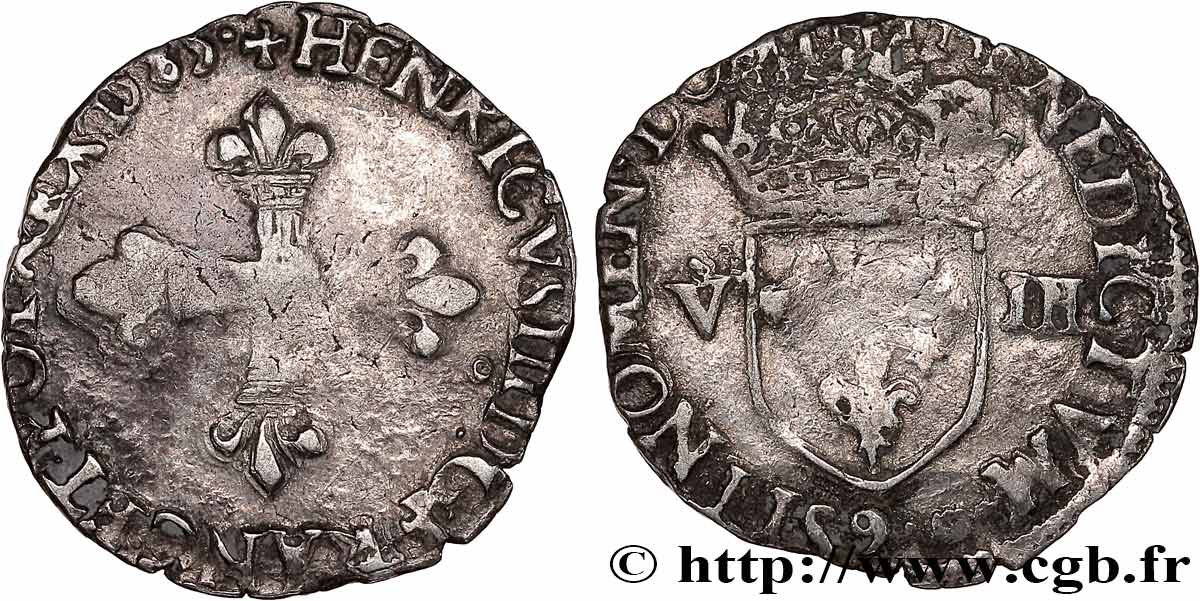 HENRY III Huitième d écu, croix de face 1585 Rennes VF