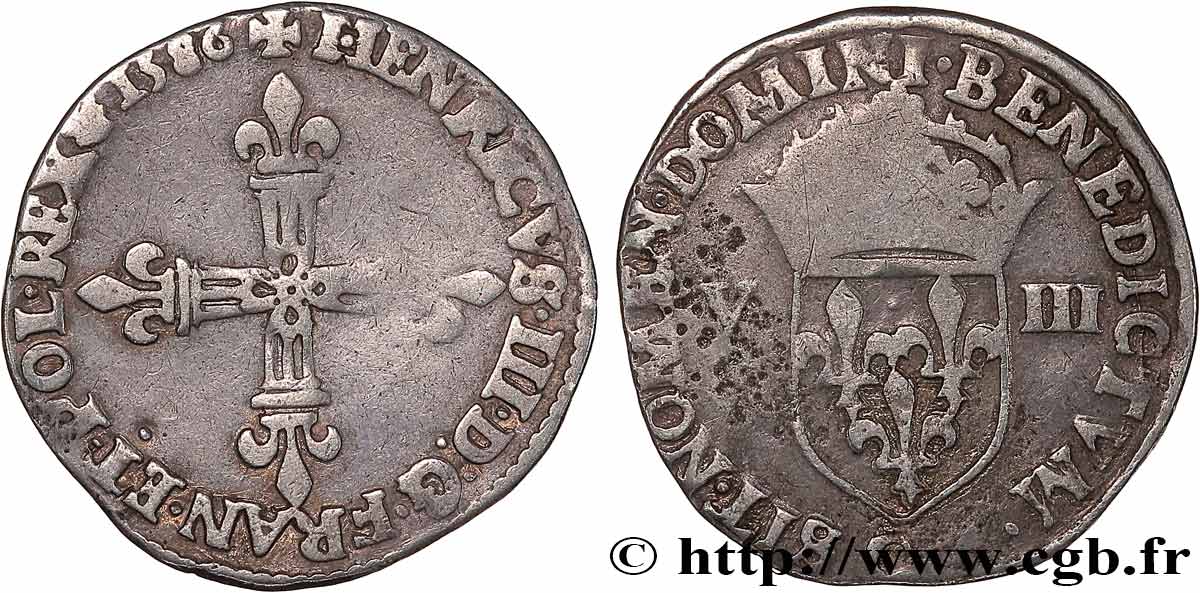 HENRI III Huitième d écu, croix de face 1586 Saint-Lô TB+