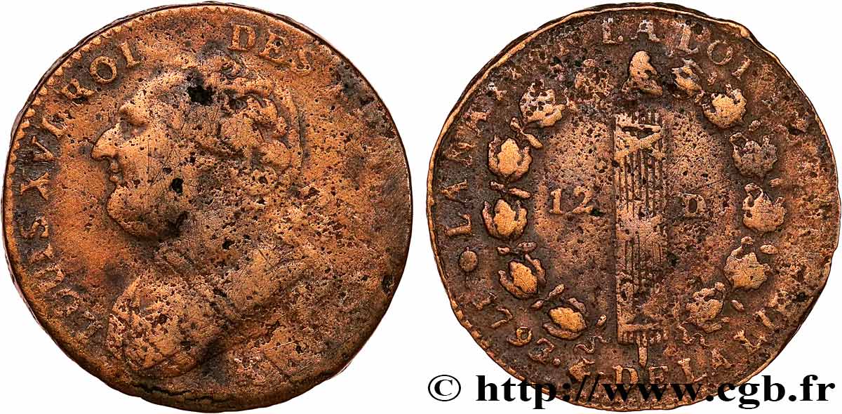 LOUIS XVI (MONARQUE CONSTITUTIONNEL)  12 deniers dit  au faisceau , type FRANCOIS 1793 Bordeaux B+