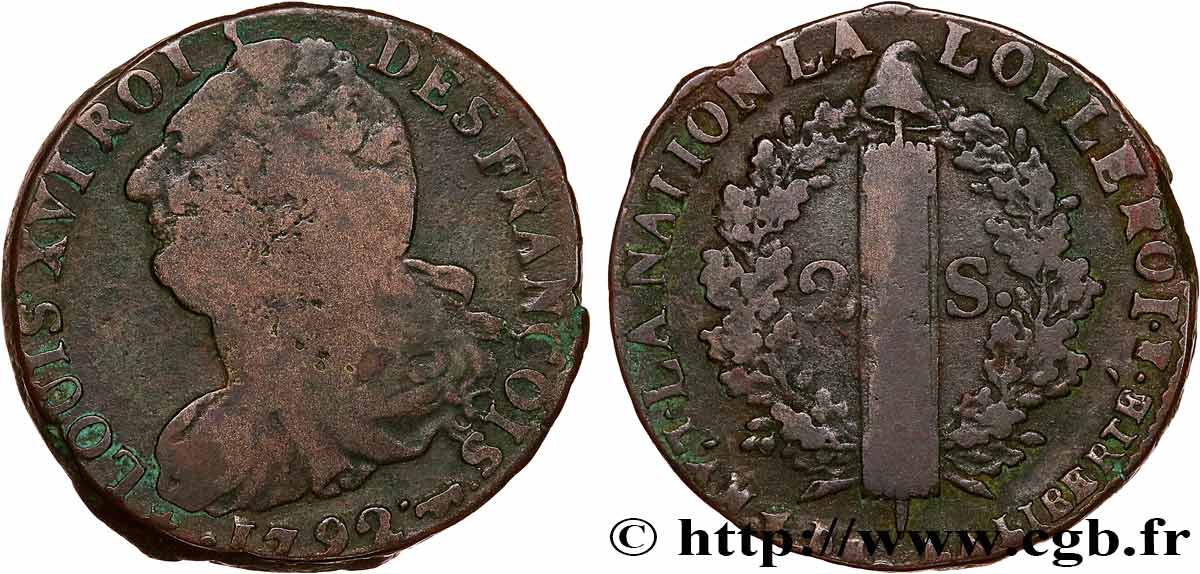 LOUIS XVI 2 sols dit  au faisceau , type FRANÇOIS 1792 Pau fSS