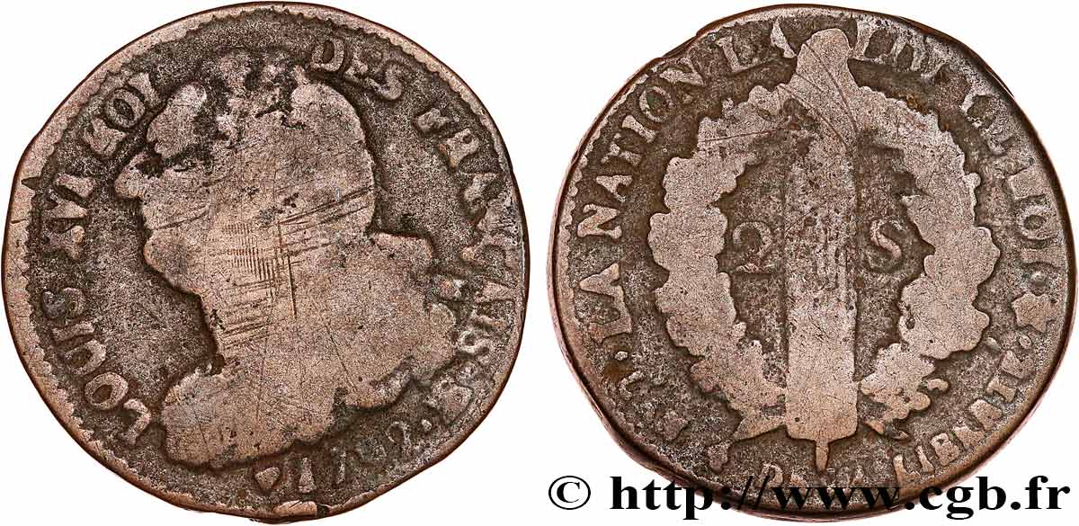 LOUIS XVI (MONARQUE CONSTITUTIONNEL)  2 sols dit  au faisceau , type FRANÇAIS 1792 Strasbourg B