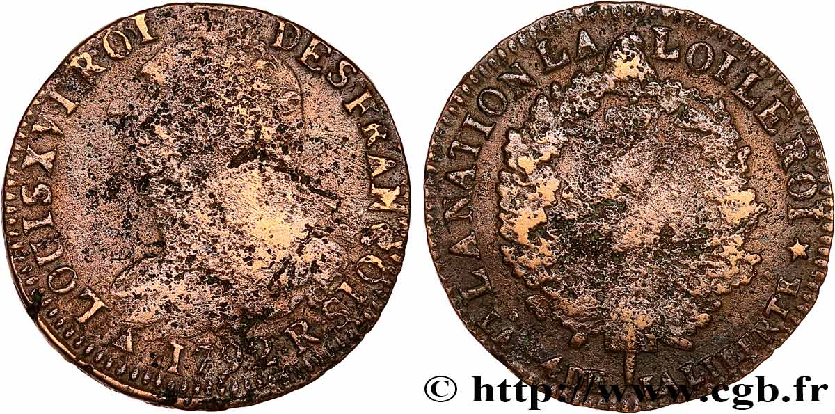 LOUIS XVI (MONARQUE CONSTITUTIONNEL)  2 sols dit  au faisceau , type FRANCOIS 1792 Orléans TB