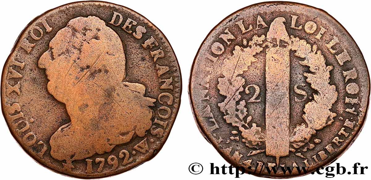 LA CONVENTION 2 sols dit  au faisceau , type FRANÇOIS 1792 Lille TB